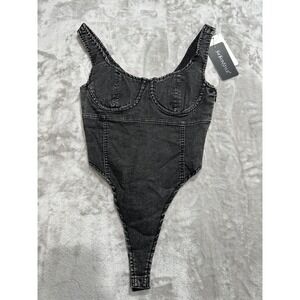 Two Twin Style Denim Bodysuit Women's Size Medium Charcoal Gray Adjustable Snap